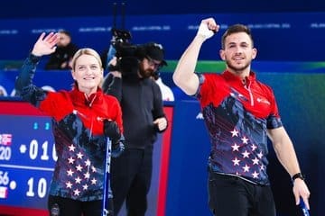2/5/2026 Photo by Celine Stucki of World Curling. Curling house, Cortina Bay, Italy, U.S. Mixed Doubles Curling Team Cory Thiesse and Korey Dropkin celebrates a win over Switzerland
