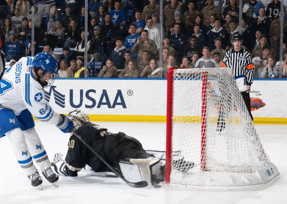Army's JJ Cataldo making a save against Air Force, 2/21/26; Photo Credit: Paat Kelly/PengoSports