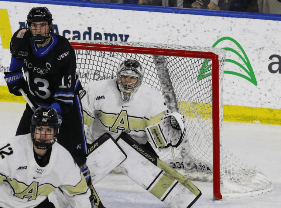 JJ Cataldo making a save against Air Force. 2/20/26 Photo Credit: Army Athletics