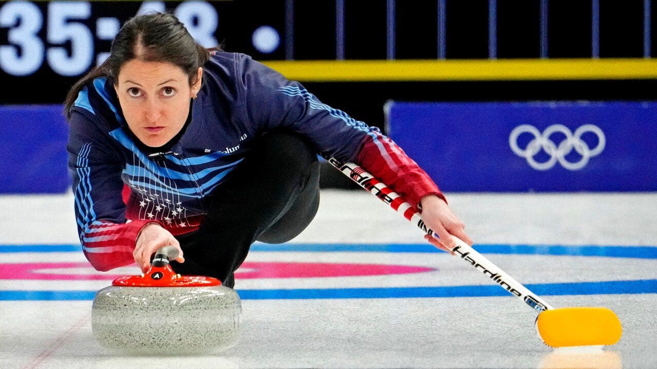2/15/2026 Olympic Curling Arena, Cortina Bay, Italy, Tabitha Peterson with a big hammer shot. Mandatory Credit: TMJ4 through of Getty Images