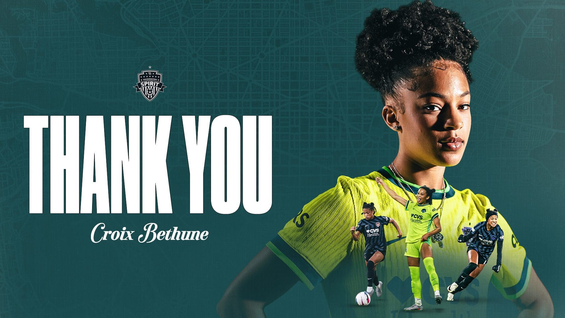 Washington Spirit graphic featuring Croix Bethune in a neon yellow kit with “THANK YOU” text in the background and smaller action images layered in front. Mandatory Credit: Washington Spirit.