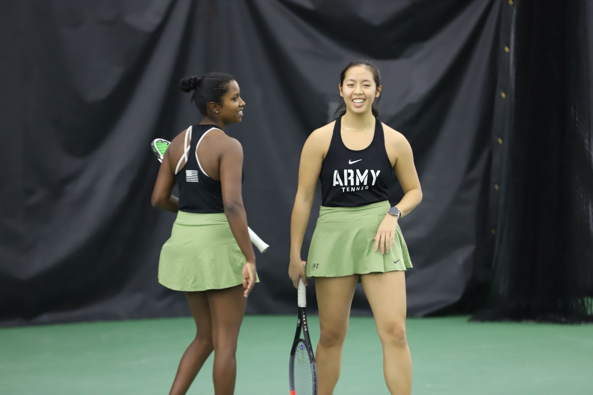 Army’s Ylan Duong and Vennmukiil Mathivanan compete in doubles against FDU’s Ann Kato and Sophia Fredericks-McKee at West Point.