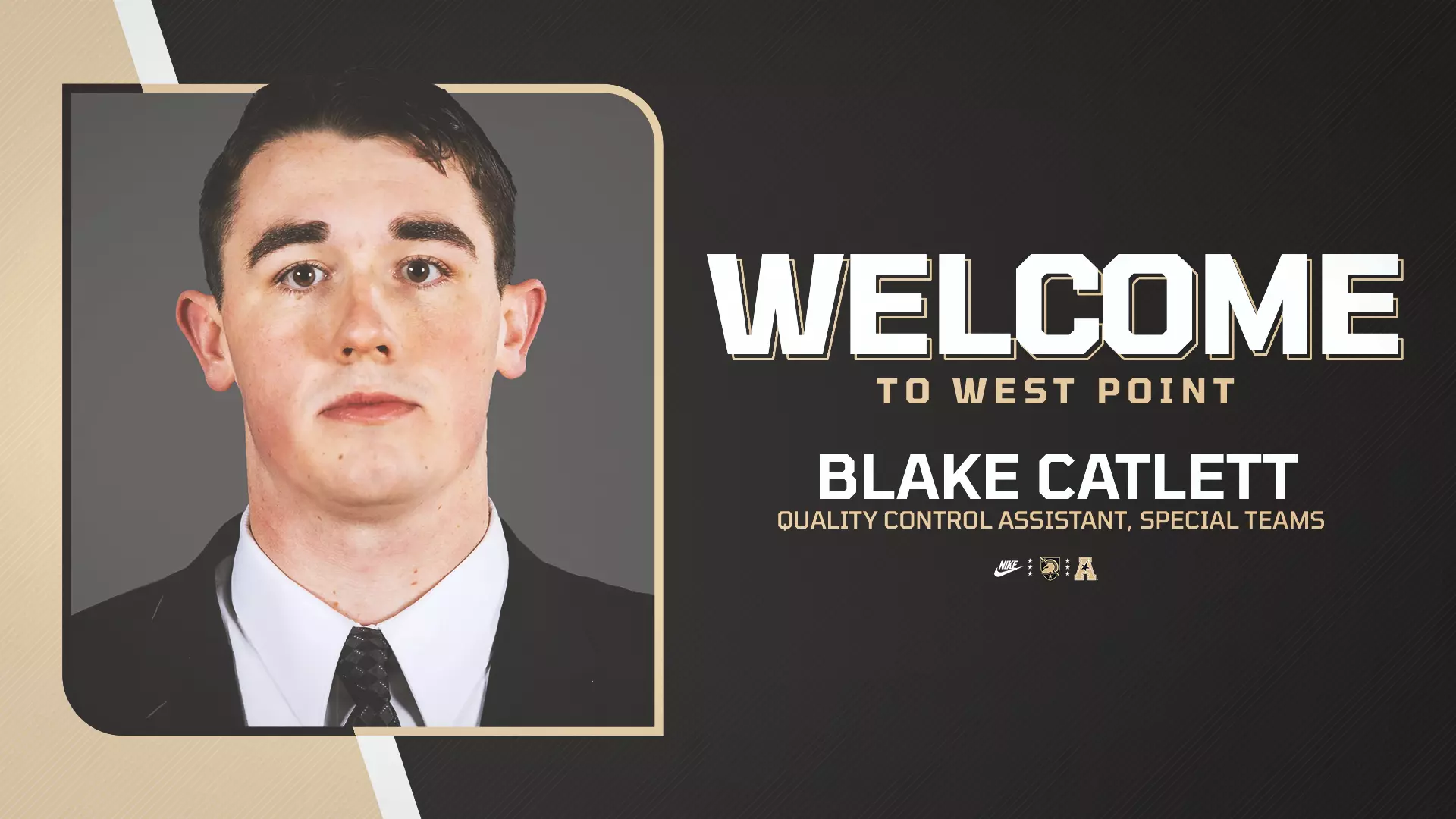 Army West Point Football welcome graphic featuring Blake Catlett, named Special Teams Quality Control Assistant. Mandatory Credit: Army Football.