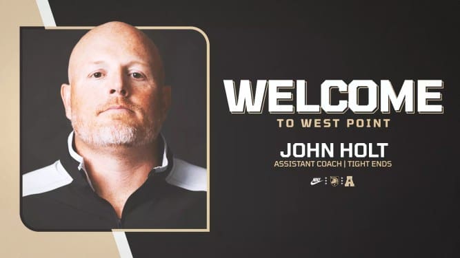 Army West Point Football welcome graphic featuring John Holt as the Black Knights’ tight ends coach. Mandatory Credit: Army West Point Athletics.