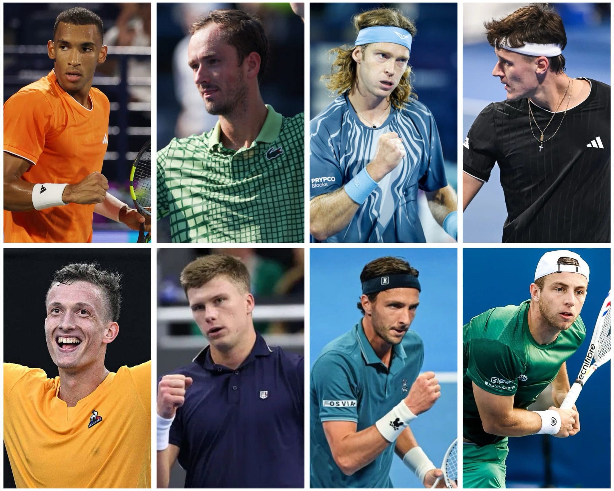 Top Row Left To Right: Felix Auger-Aliassime, Daniil Medvedev, Andrey Rublev, Jack Drape Bottom Row Left to Right: Jiri Lehecka, Jenson Brooksby, Arthur Rinderknech, Tallon Griekspoor