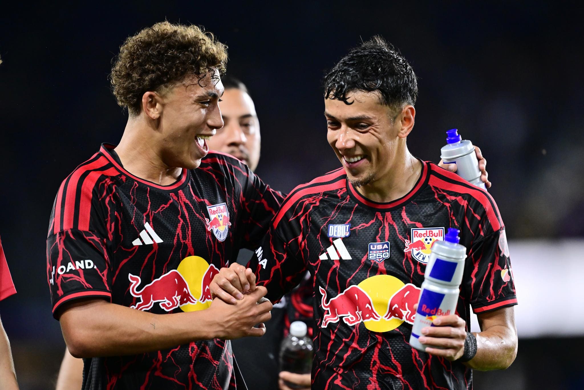 Julian Hall, who scored two goals, celebrates with teammate Jorge Ruvalcaba during halftime of the Red Bulls’ 2–1 win over Orlando City SC at Inter&Co Stadium on Feb. 21, 2026, in Orlando, Florida. Getty Images.
