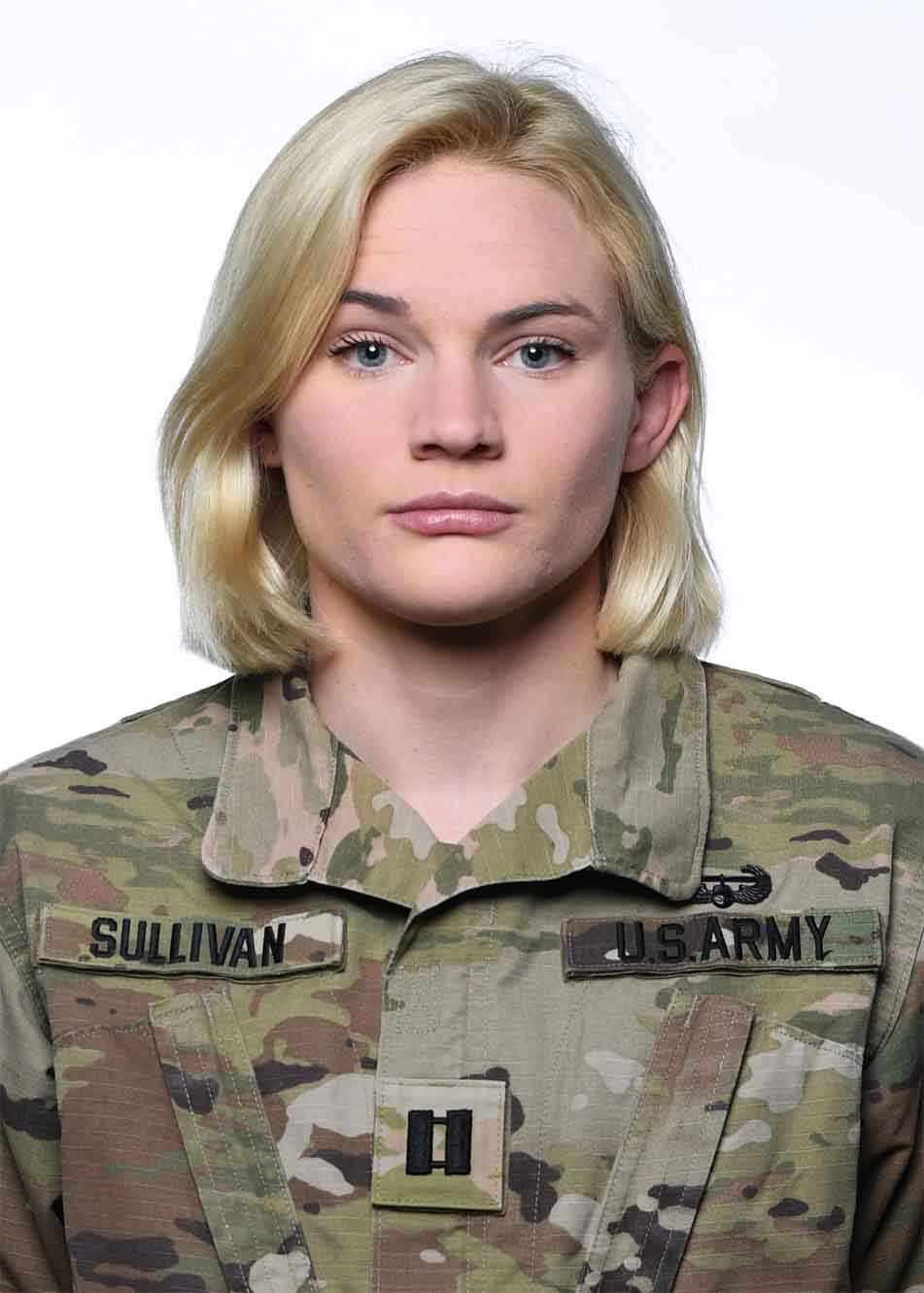 Headshot of Captain Sammy Sullivan in U.S. Army uniform, wearing camouflage with name tape “SULLIVAN,” U.S. Army branch tape, and captain rank insignia.