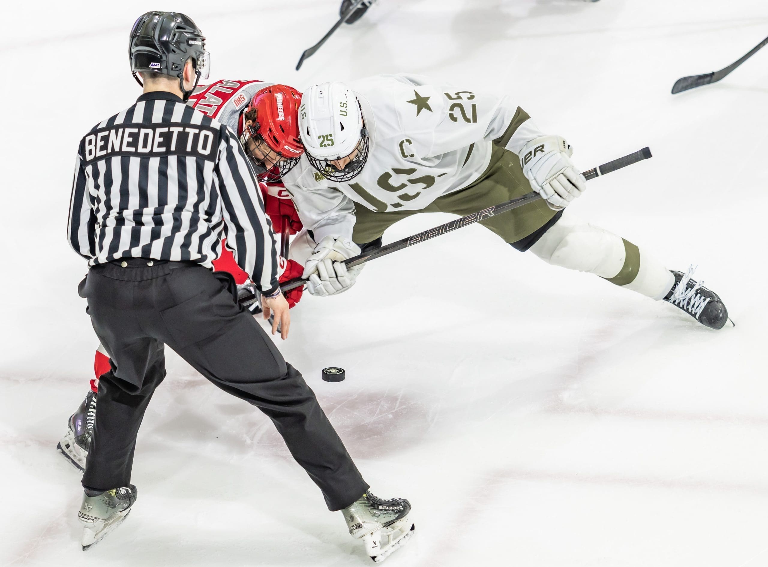 Junior Barron Woodring winning a faceoff against Sacred Heart on senior day at Tate Rink, February 28th, 2026; Photo Credit: Army Athletics