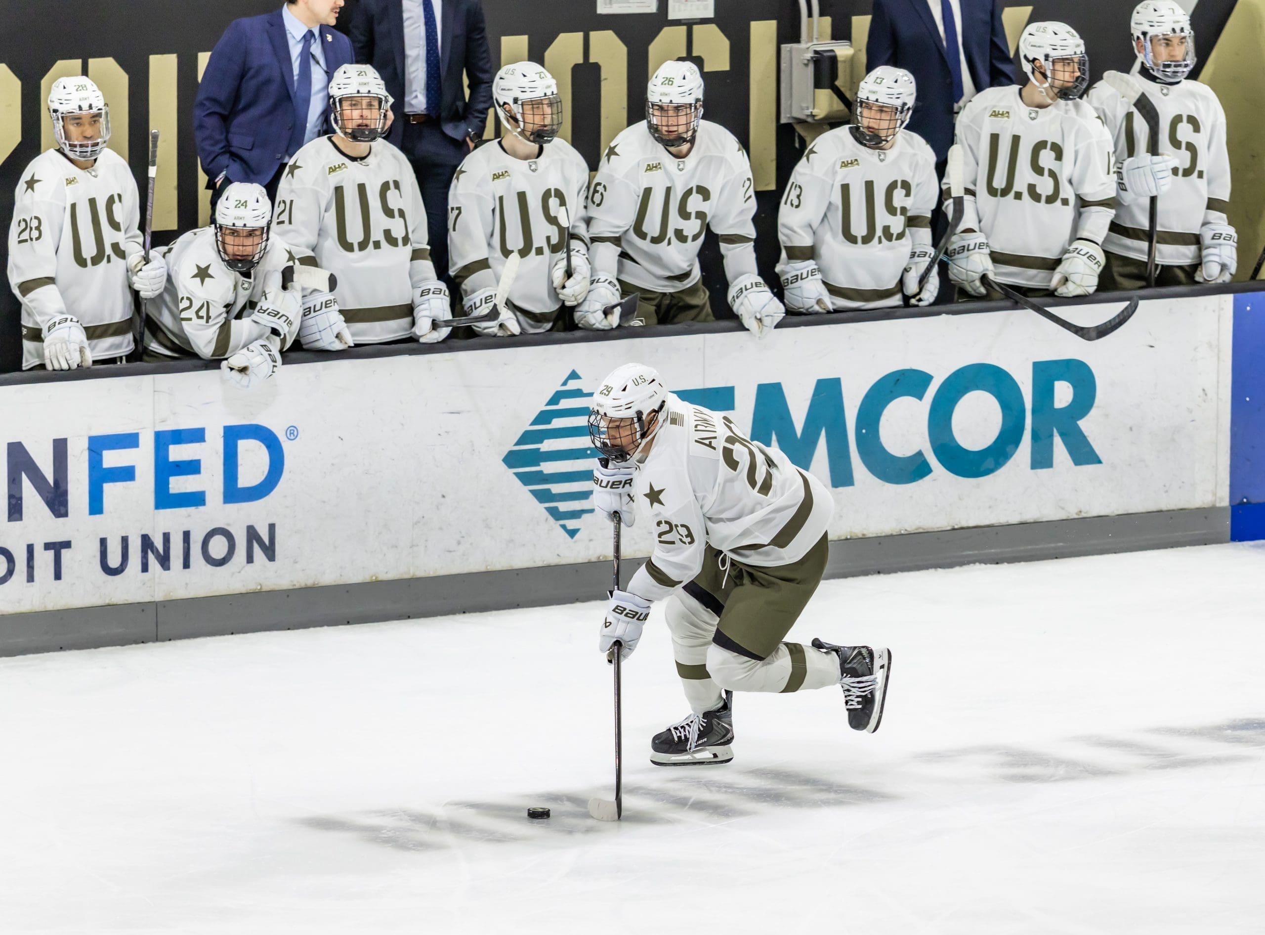 Sophomore Adam Marshall skating with the puck against Sacred Heart on senior day at Tate Rink, February 28th, 2026; Photo Credit: Army Athletics