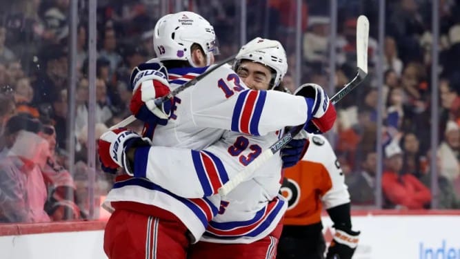 2/9/2026 Xfinity Mobile Arena, Philadelphia, PA., Mika Zibanejad has a two goal game. Mandatory Credit: New York Rangers