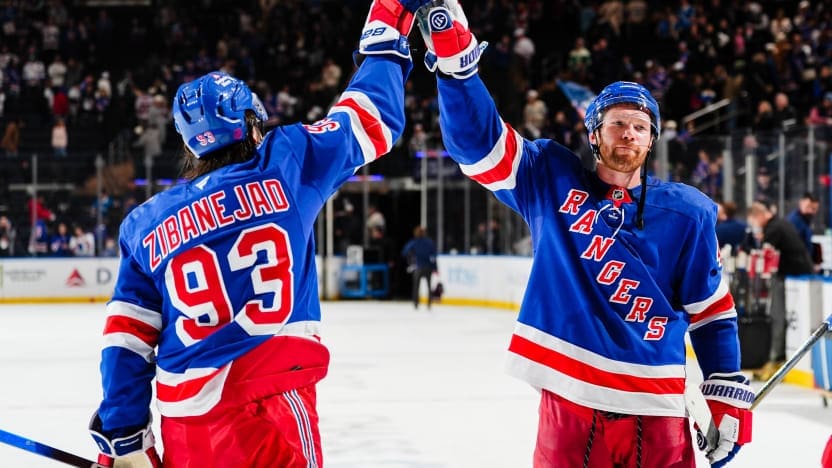3/29/2026 Madison square Garden, New York, NY., Mika Zibanejad & Vladislav Gavrikov celebrate the win. Mandatory Credit: New York Rangers