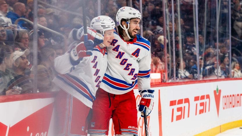 3/12/2026 Canada Life Centre, Winnipeg, MB., Mika zibanejad celebrates a goal from Alexis Lafreniere. Mandatory Credit: New York Rangers