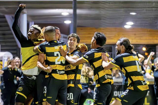 3/25/2026 Highmark Stadium, Pittsburgh, PA., Pittsburgh Riverhounds celebrate secoind goal in U.S. Open Cup Round One Match. Mandatory Credit: TRIBLive.com