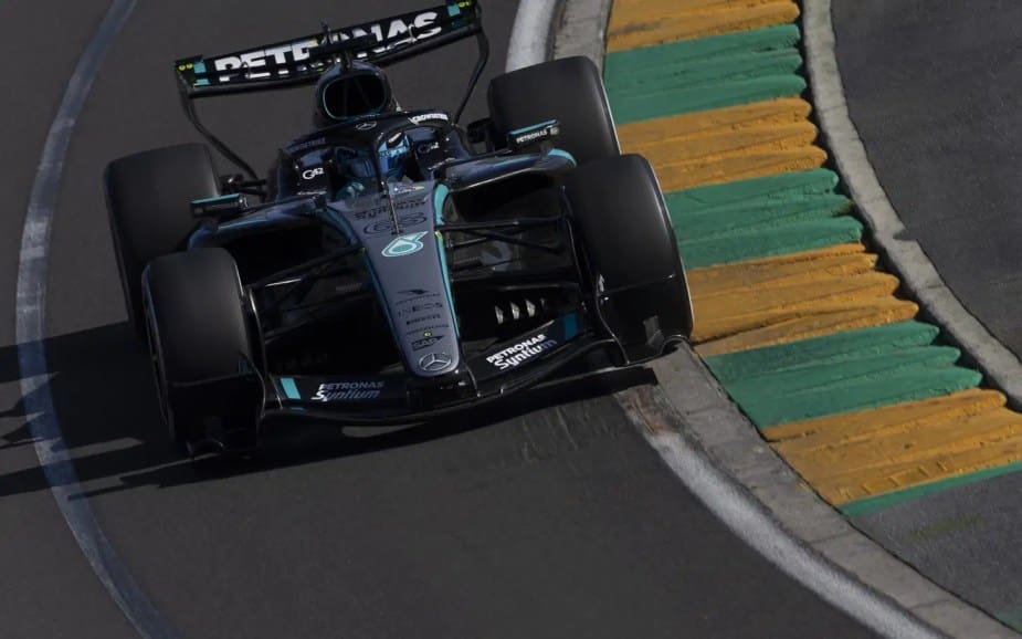 Mercedes driver George Russell celebrates after setting the fastest lap in Q3 at the Australian Grand Prix, securing provisional pole. Mandatory Credit: F1.