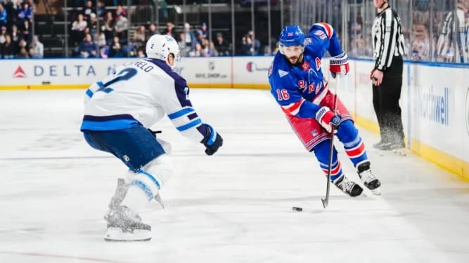 3/22/2026 Madison Square Garden, New York, NY., Vincent Trocheck skates down the near side. Mandatory Credit: New York Rangers