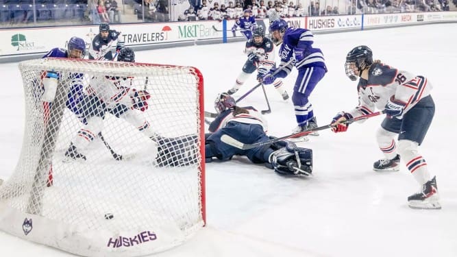 3/3/2026 Toscano Family Ice Forum, Storrs, CT., UConn Scores against Holy Cross. Mandatory credit: Holy Cross Athletics