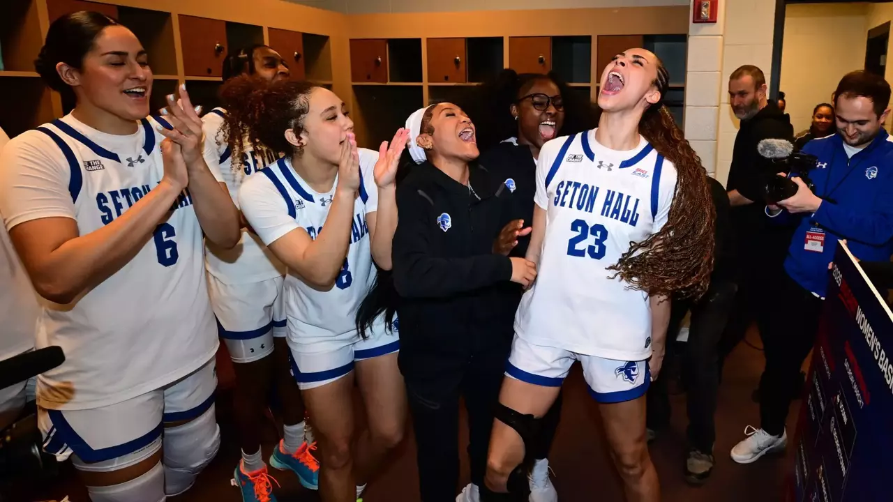 Seton Hall guard Jordana Codio celebrates in the locker room after scoring 35 points in the Pirates’ win over St. John’s in the Big East quarterfinals.