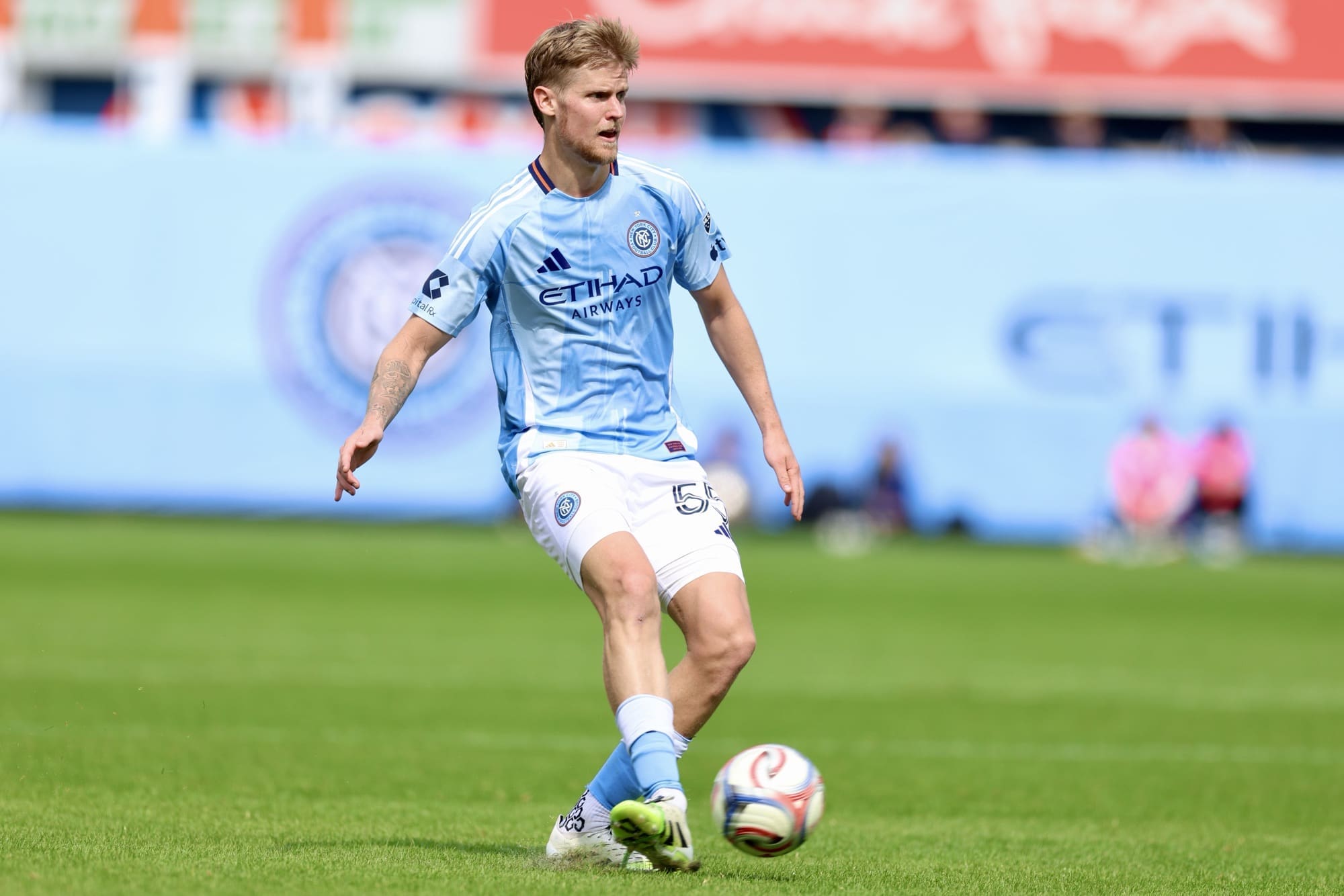 March 22, 2026 Bronx, New York, #55 Keaton Parks, midfielder for New York City FC, controls the ball while looking to distribute upfield against Inter Miami CF during an MLS match at Yankee Stadium. Mandatory Credit: Jose Pichirilo / Bad Dawg Sports