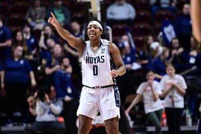 Georgetown forward Brianna Scott signals to teammates during the Women's Big East Tournament Opener at Mohegan Sun Arena.