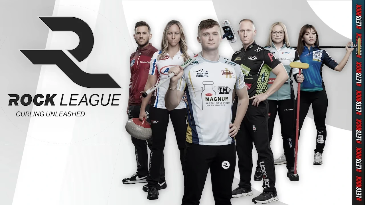 Rock League athletes stand in uniform holding curling equipment in a promotional lineup for the league’s 2026 launch.