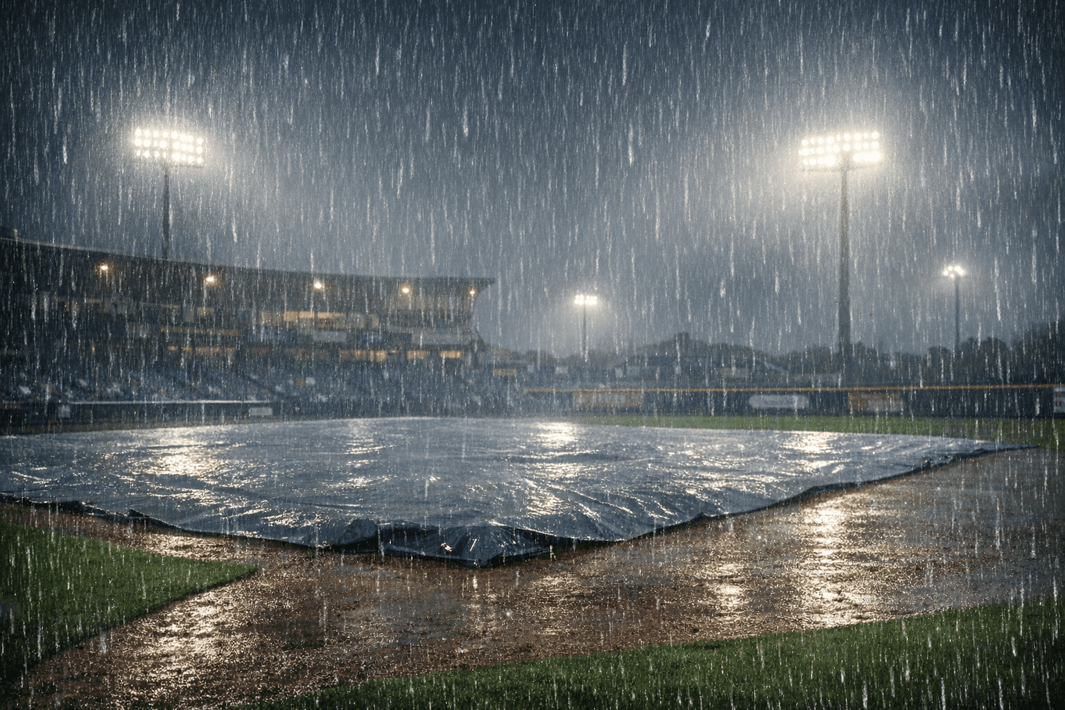 Rain falls over a baseball field with the infield tarp covering the diamond under stadium lights.