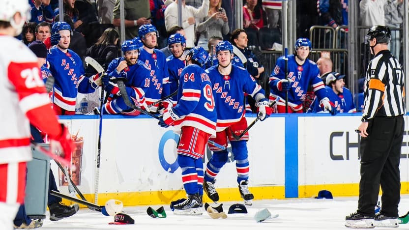 4/4/2026 Madison square Garden, New York, NY., Gabe Perreault at the bench celebrates his first NHL Hat trick with his teammates. Mandatory Credit: New York Rangers