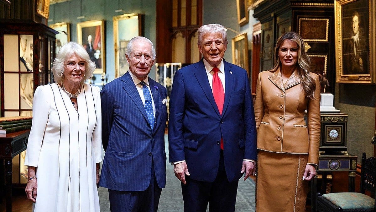 President Donald J. Trump and First Lady Melania Trump stand alongside King Charles III and Queen Camilla in an ornate room decorated with framed portraits, antique furniture, and formal lighting.