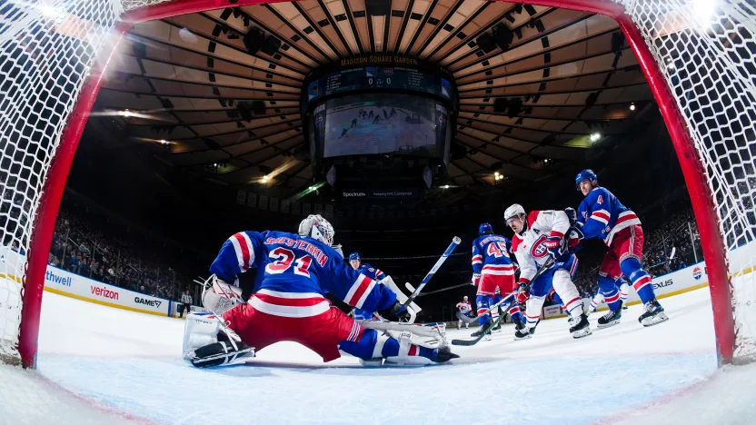 4/2/2026 Madison Square garden, New York, NY., Igor Shesterkin makes a save Mandatory Credit: New York Rangers