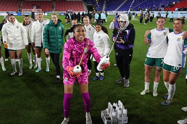 Denver Summit FC goalkeeper Abby Smith (#1) celebrates her clean sheet on the field after a victory against NJ/NY Gotham FC at Sports Illustrated Stadium.