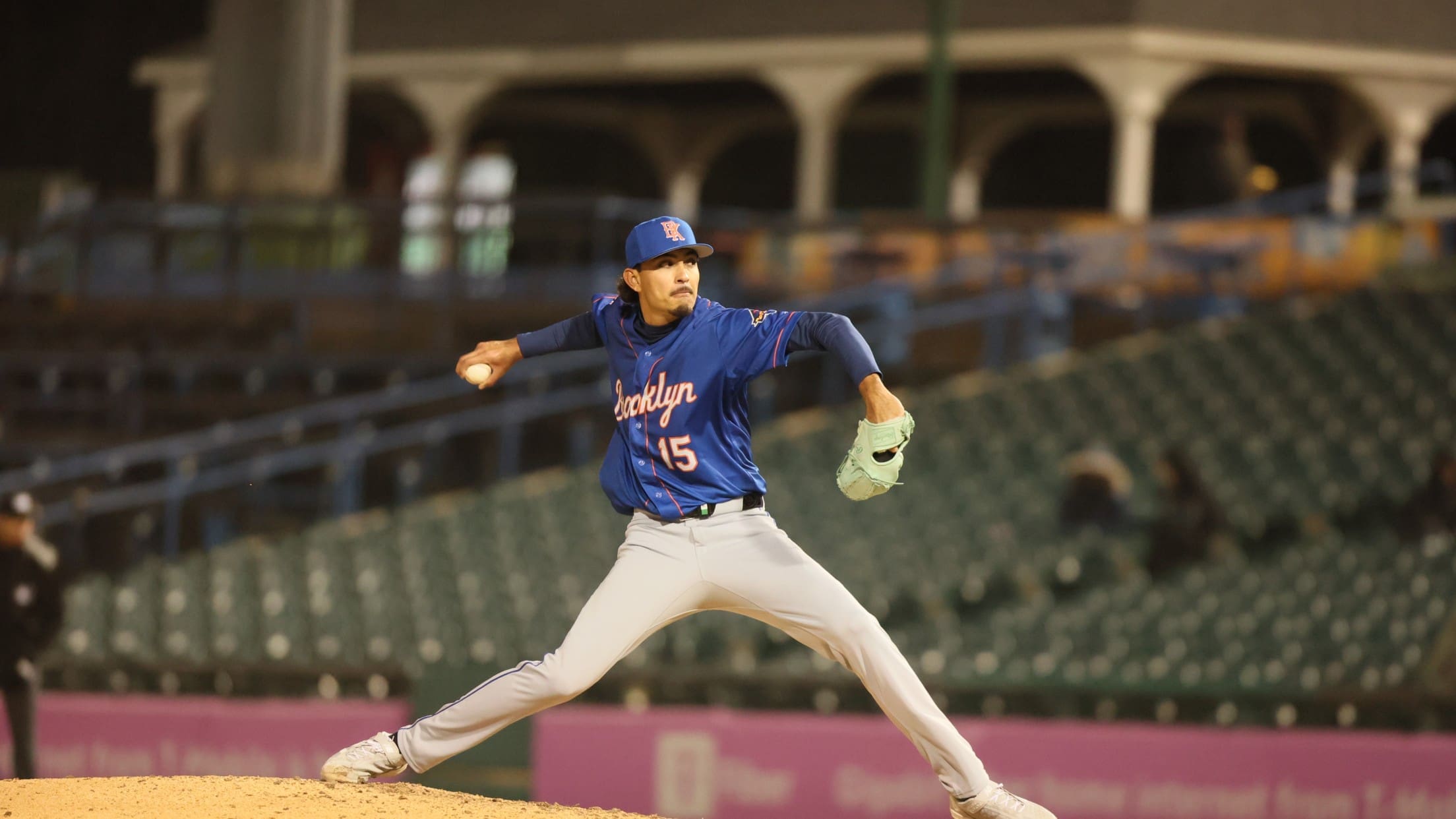 Brooklyn Cyclones pitcher Irving Cota (#15) throws from the mound during a game.