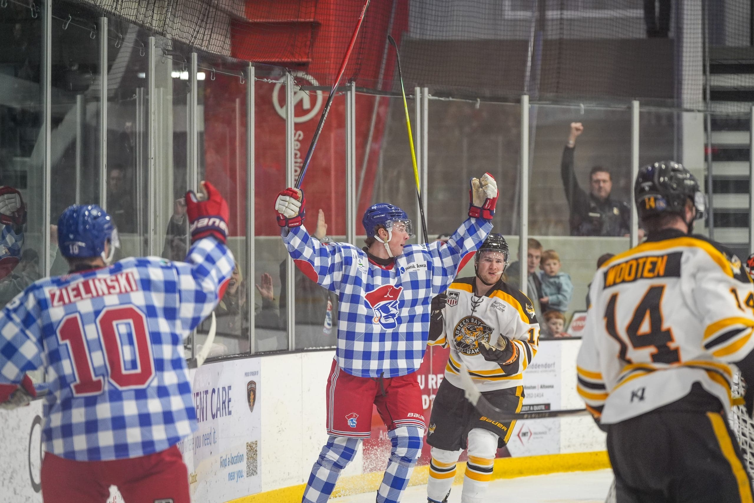 Rhys Wallin celebrating a goal for the Des Moines Buccaneers; 01/03/26; Photo Credit: Des Moines Buccaneers