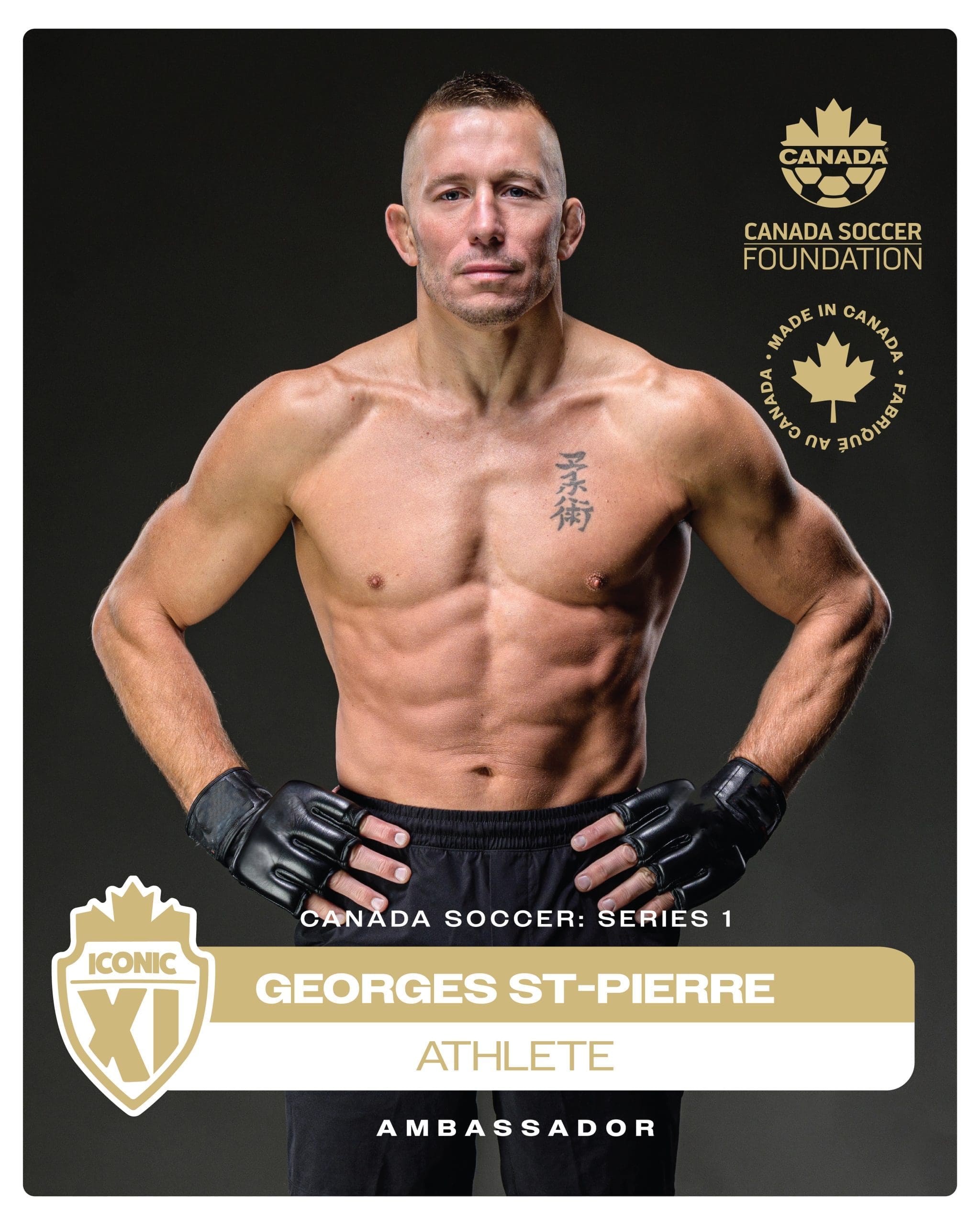 George St. Pierre stands in front of a black background with Gold lettering stating his name and that he is a member of the XI.
