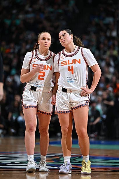Hailey Van Lith and Charlisse Leger‑Walker of the Connecticut Sun during the game against the New York Liberty on May 8, 2026, at Barclays Center in Brooklyn, NY.
Credit: Catalina Fragoso/NBAE/Getty Images
