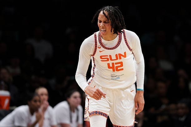 Brittney Griner of the Connecticut Sun reacts during the first quarter against the New York Liberty on May 8, 2026, at Barclays Center in Brooklyn, NY.
Credit: Ishika Samant/Getty Images.