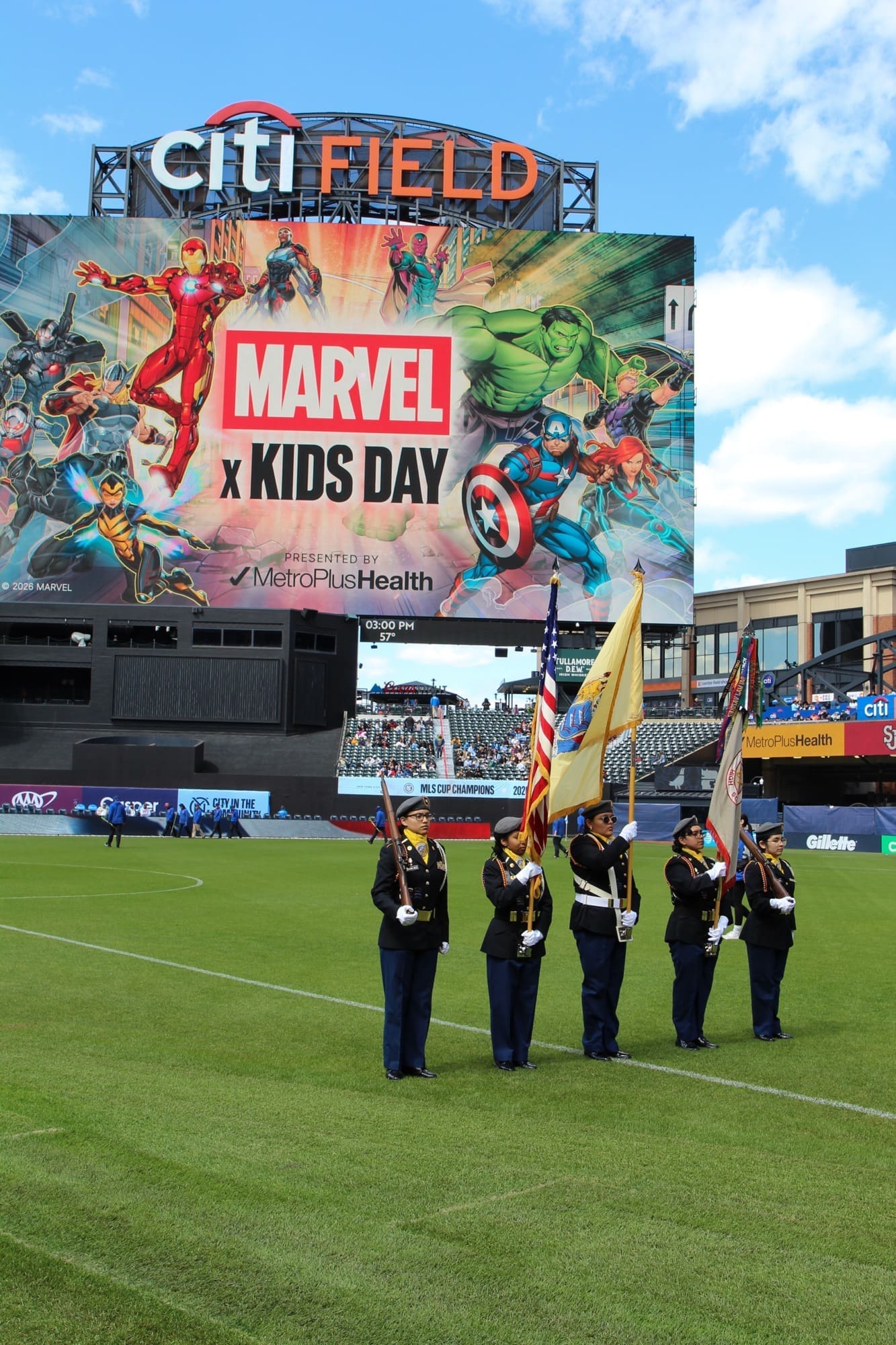  
The U.S. Military Color Guard presents the American flag and ceremonial banners on the field before the National Anthem at Citi Field.