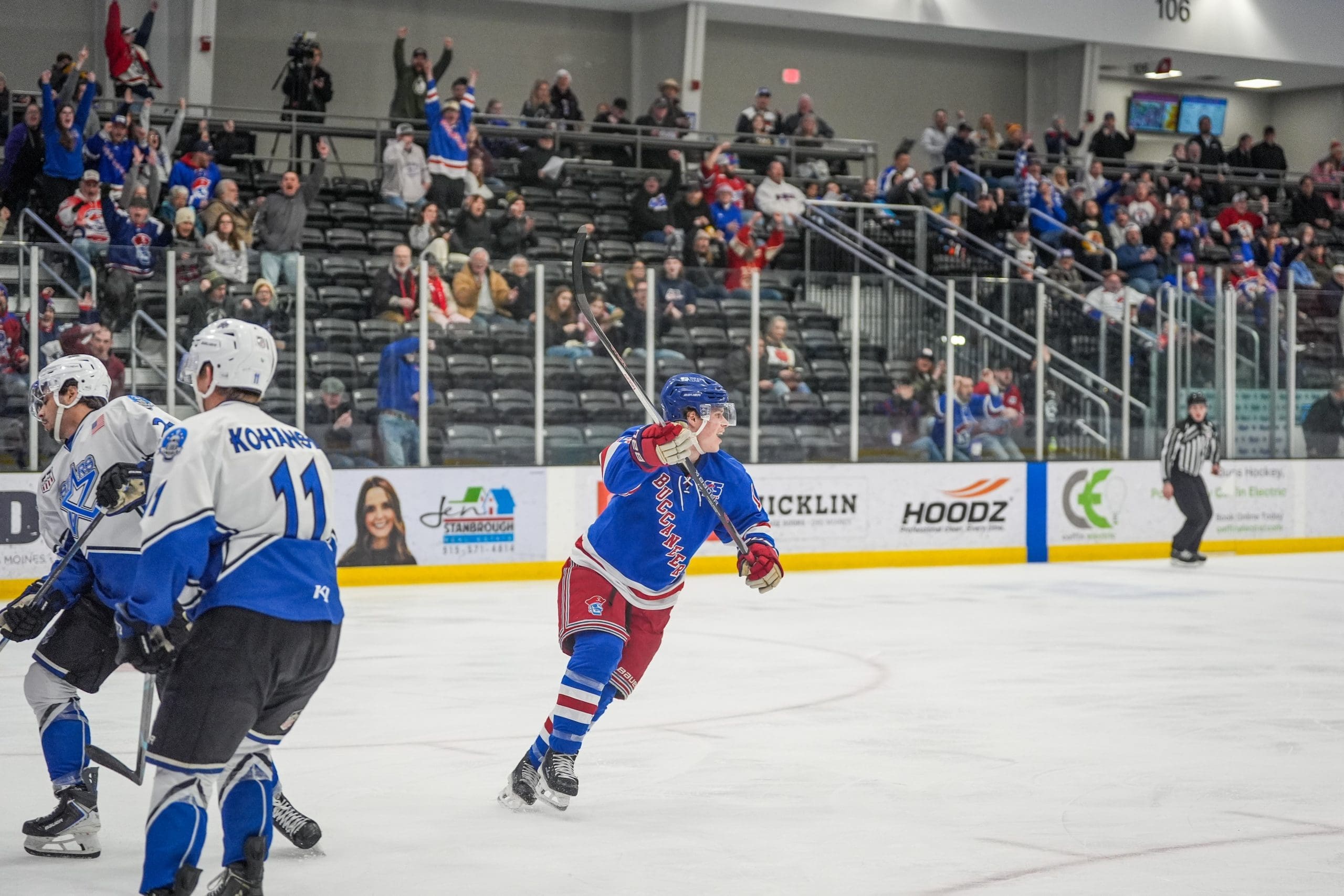 Cade De St Hubert scoring a goal for the Des Moines Buccaneers; 04/09/26; Photo Credit: Des Moines Buccaneers