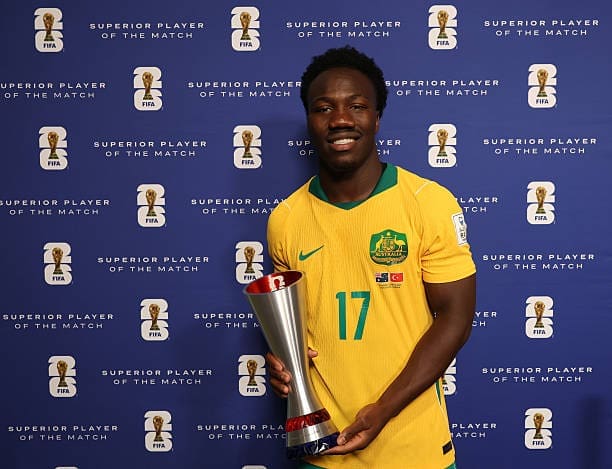 Nestory Irankunda, #17 of Australia is presented the Superior Player of the Match following the team's 2-0 victory